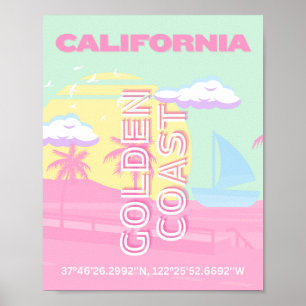 Affiche Californie, Plage, Travel Art, Preppy