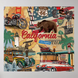 Affiche Californie vintage : carte touristique.