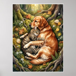 Affiche Câlins de chien et de chat Forêt Compagnonnage de