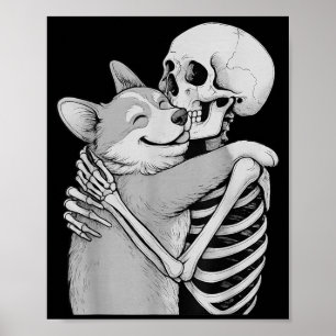 Affiche Câlins de squelette de Corgi Halloween amateur de