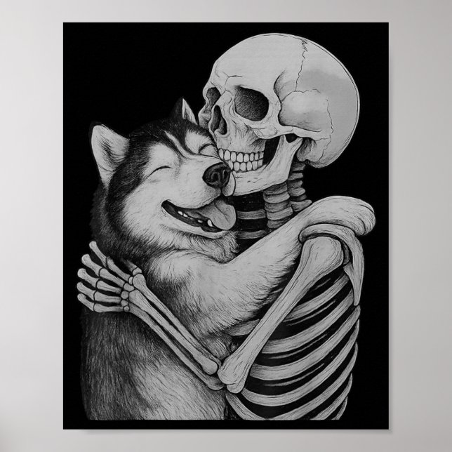 Affiche Câlins de squelette Husky Halloween amateur de chi (Devant)