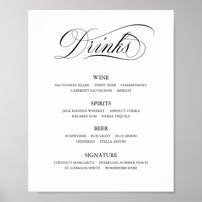 Affiche Calligraphie Classic Elegant Wedding Bar Menu Sign (Devant)