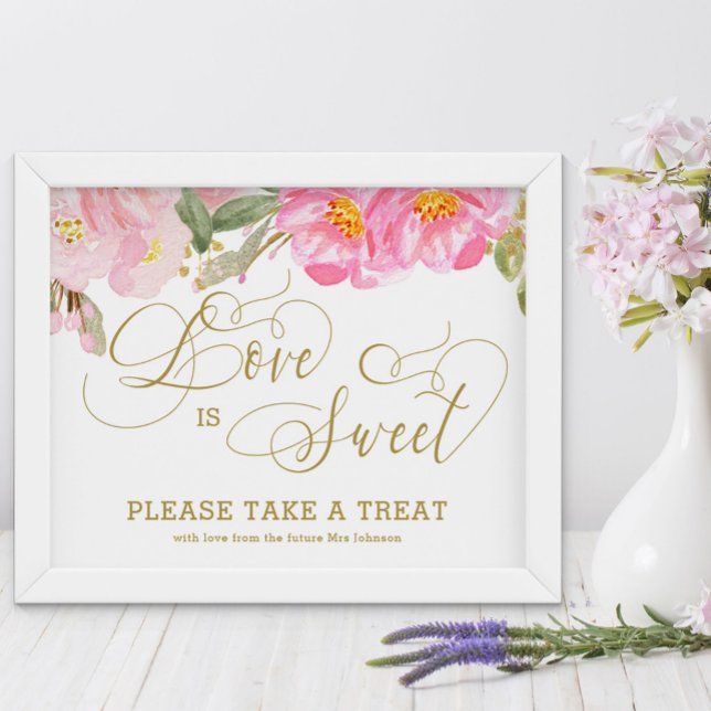 Affiche Calligraphie Dorée Fleurs Roses L'Amour es (Love is Sweet treat table sign from my Pink and Gold Watercolor Floral Collection)