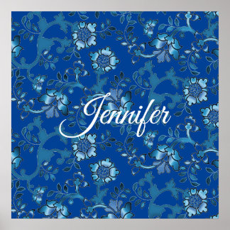 Affiche Calligraphie Elégant bleu Floral Nom personnalisé