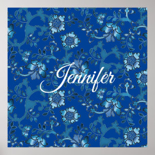 Affiche Calligraphie Élégant Bleu Floral Nom Personnalisé