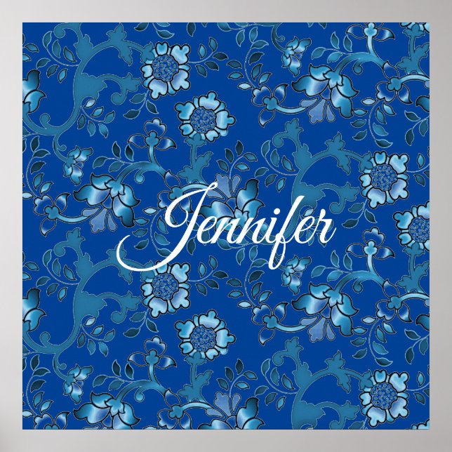 Affiche Calligraphie Élégant Bleu Floral Nom Personnalisé (Devant)