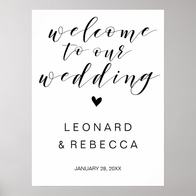 Affiche Calligraphie mariage de bienvenue en noir et blanc (Devant)
