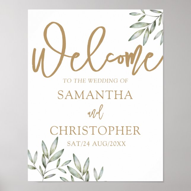 Affiche Calligraphie Or Moderne & Mariage de Foliage Vert (Devant)