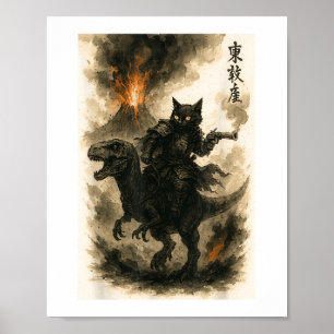 Affiche Calligraphie Rétro Cat Dinosaure Éruption volcaniq