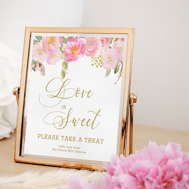 Affiche Calligraphie Rose Doré Floral Prenez une Friandise (Favor sign from my Pink and Gold Watercolor Floral Bridal Shower Collection)