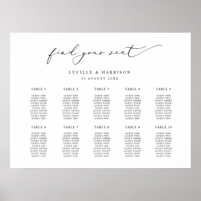 Affiche Calligraphie simple Mariage 10 tables Plan de sièg (Devant)