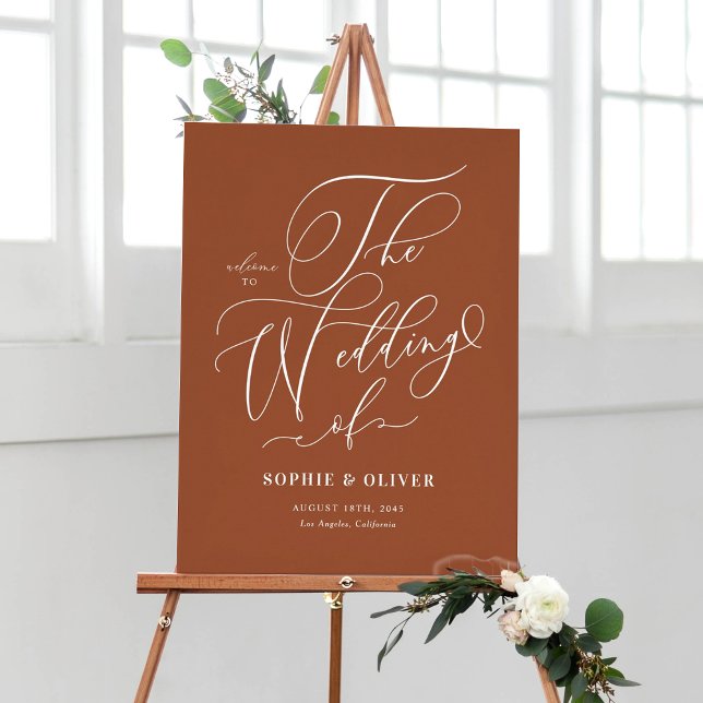 Affiche Calligraphie Whimsical Terracotta Mariage Bienvenu (Customizable Boho Terracotta Whimsical Calligraphy Wedding Welcome Sign)