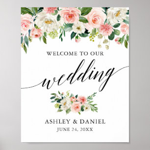 Affiche Calligraphy Pink White Floral Wedding Welcome