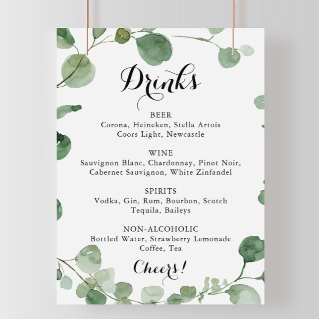 Affiche Calligraphy Wedding Drinks Menu Eucalyptus Sign (Créateur téléchargé)