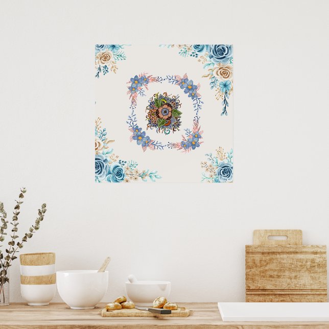 Affiche Calme doux - Aquarelle Turquoise et rose (Cuisine)