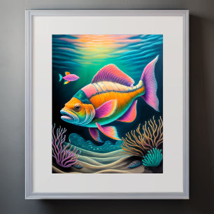Affiche Calque coloré Dessin récif poisson rose