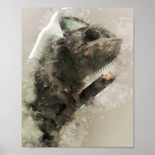 Affiche caméléon tête gros aquarelle peinture à l'huile