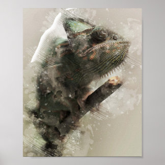 Affiche caméléon tête gros aquarelle peinture à l'huile
