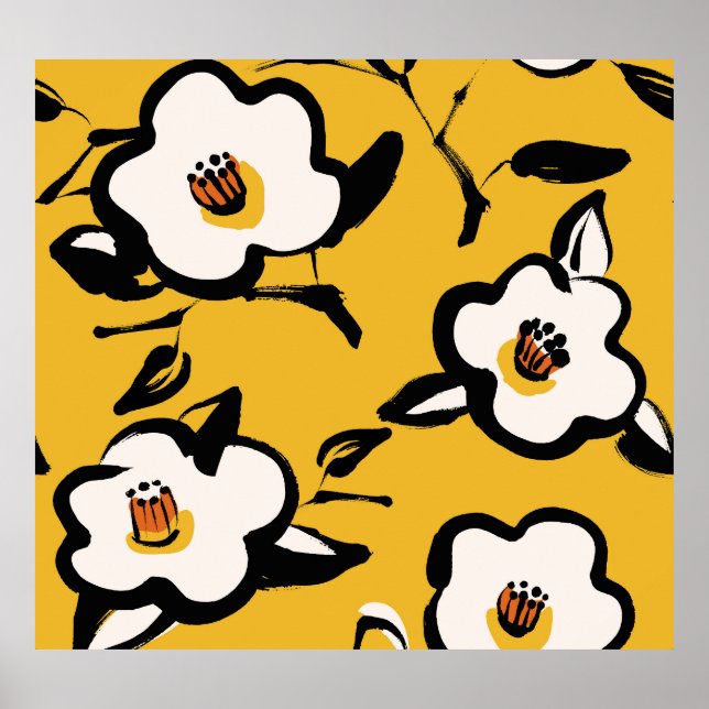 Affiche Camellia Jaune, vintage floral et mince. (Devant)