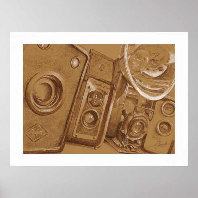 Affiche Caméras vintages - Dessin au crayon en Sepia Tone (Devant)