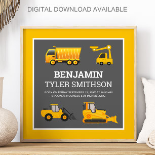 Affiche Camion à benne excavatrice Construction Bébé Naiss
