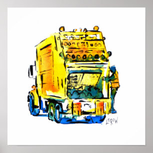 Affiche Camion à ordures jaune / Artiste Larry Lerew