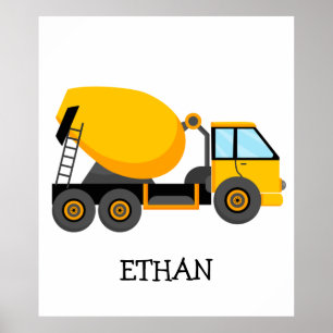 Affiche Camion de construction mélangeur de ciment jaune p