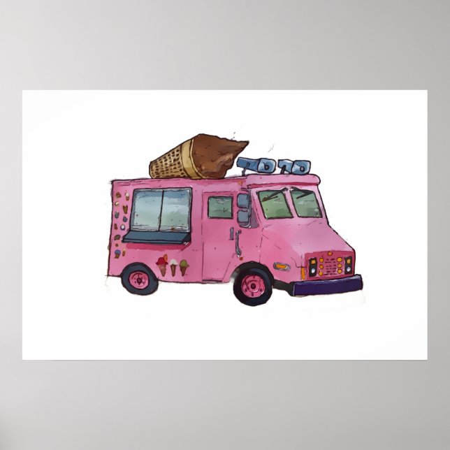 Affiche Camion de glaces rose classique avec cône sur le d (Devant)