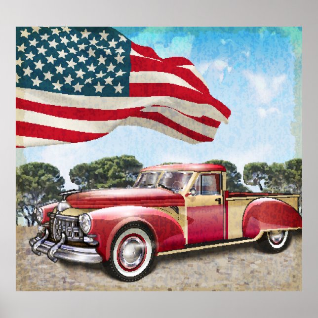 Affiche Camion de ramassage rouge : Drapeau américain Vint (Devant)