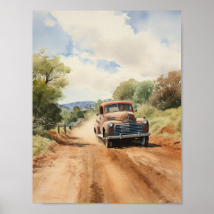 Affiche Camion de ramassage vintage sur aquarelle de route
