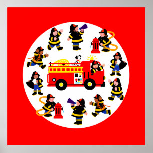 Affiche Camion d'incendie avec pompiers occupés