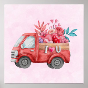 Affiche Camion mignonne d'amour transportant des coeurs et