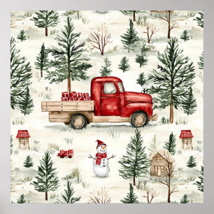 Affiche Camion rouge avec cadeaux et bonhomme de neige
