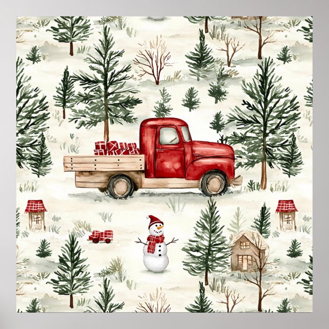 Affiche Camion rouge avec cadeaux et bonhomme de neige (Devant)