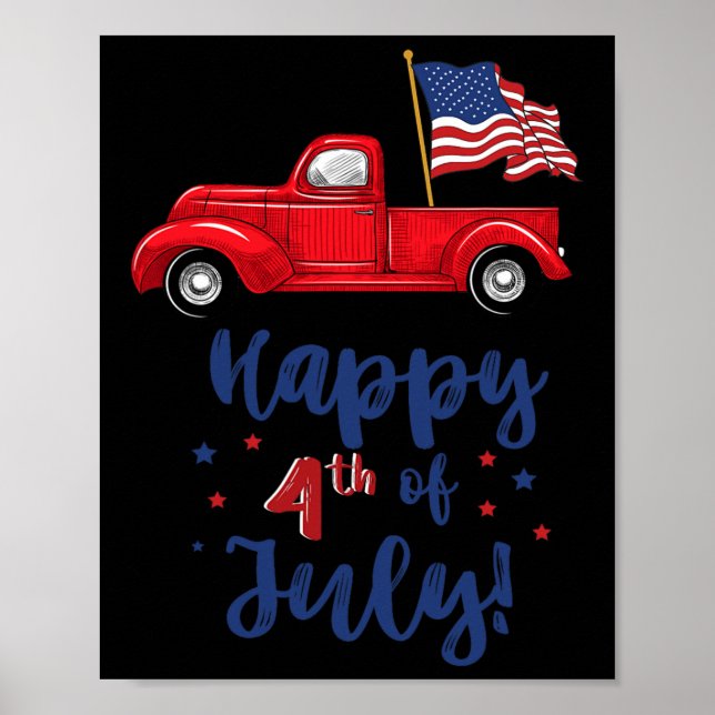 Affiche Camion Rouge Avec Drapeau Américain Joyeux 4 juill (Devant)
