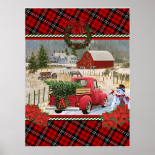 Affiche camion rouge de noël sur la peinture de ferme à ch