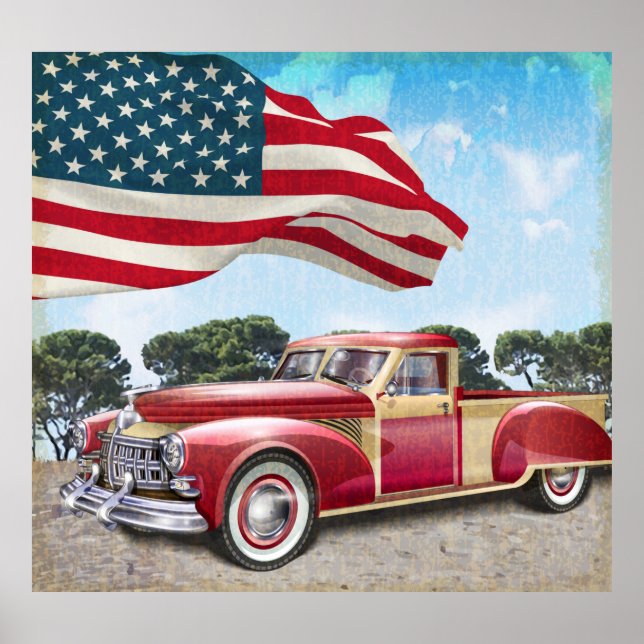Affiche Camion rouge vintage avec drapeau américain. (Devant)