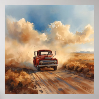Affiche Camion Rouge Vintage Traversant un Paysage Déserti
