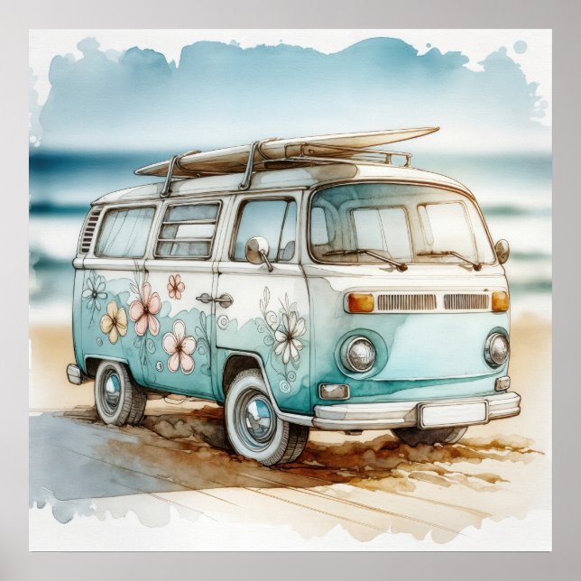 Affiche Camionnette rétro avec fleurs hippies et planche d (Devant)