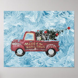 Affiche camionnette rouge vintage sur fond de flocon de ne