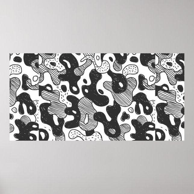 Affiche camouflage abstrait style doodé, noir (Devant)