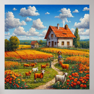 Affiche Campagne rustique Nature Village agricole mignon