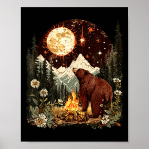 Affiche Campement ours céleste lune feu de camp campeur ca