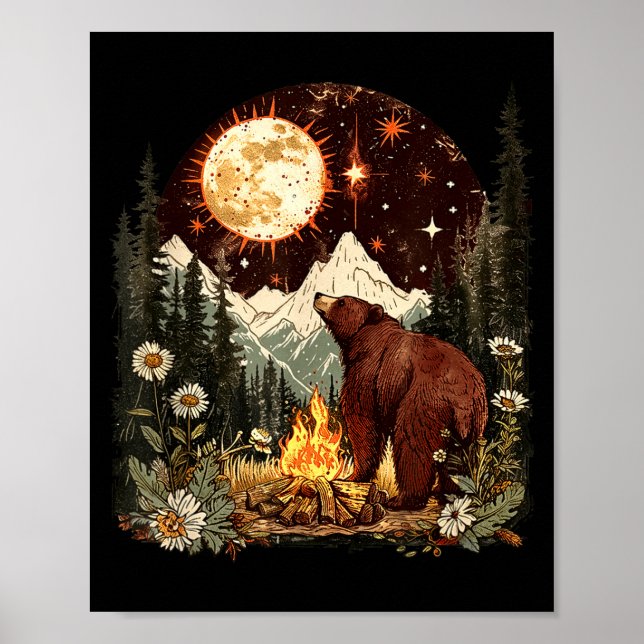 Affiche Campement ours céleste lune feu de camp campeur ca (Devant)