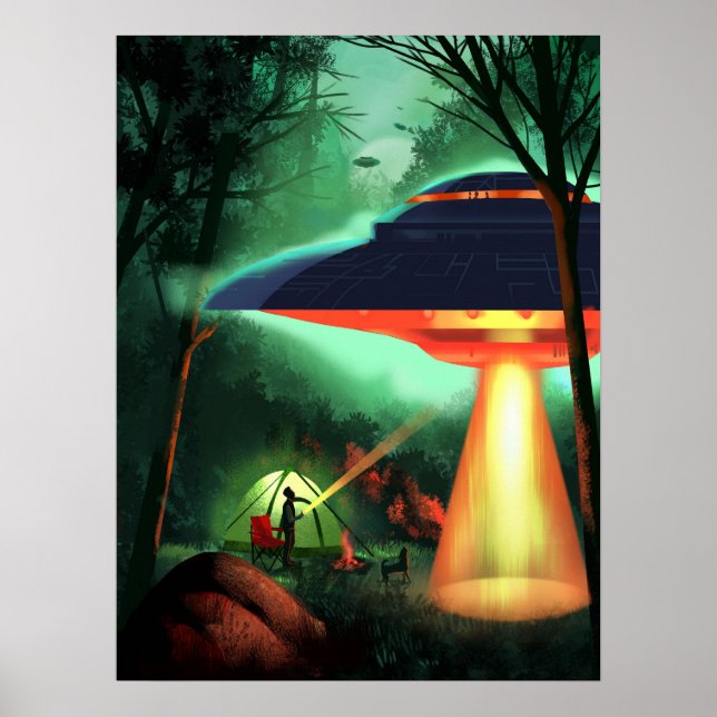 Affiche Camper affronte une soucoupe volante en camping. (Devant)