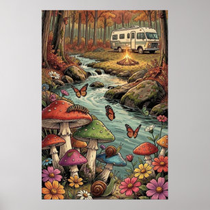 Affiche Camper Rétro, Champignons, Ruisseau et Fleurs