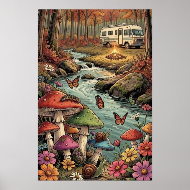 Affiche Camper Rétro, Champignons, Ruisseau et Fleurs (Devant)