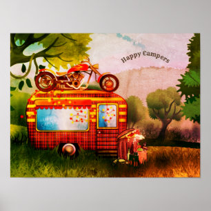 Affiche Camper Retro Trailer Déchets Happy Campers Personn
