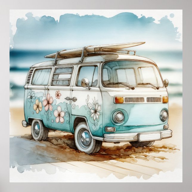 Affiche Campervan Rétro avec Fleurs Hippie et Surf board (Devant)