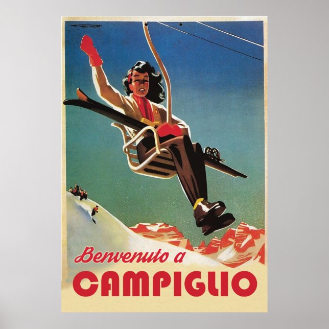 Affiche Campiglio, Femme sur un remontée mécanique (Devant)